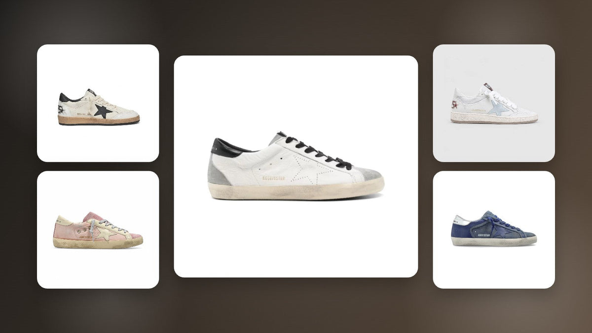 Golden Goose Super-Star and Ball Star low-top sneakers in white, pink, light blue and navy suede