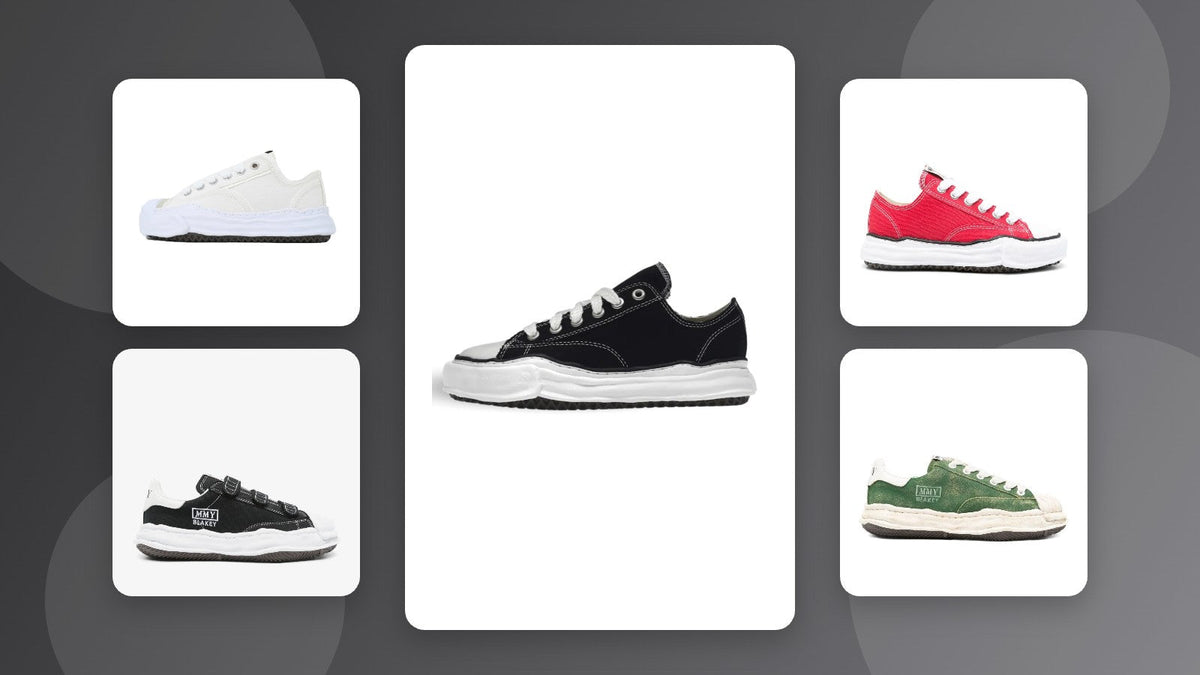 Maison Mihara Yasuhiro OG sole sneakers: Peterson, Hank and Blakey models in black, white, red and green on a grey background