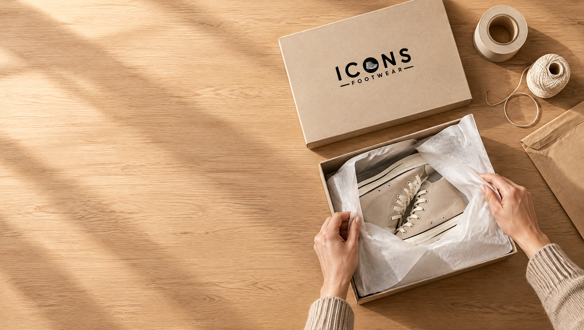 Icons Footwear box being packed with tissue paper for a return