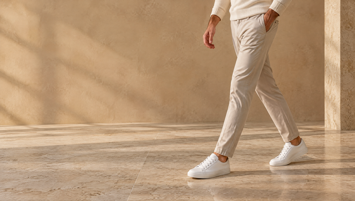 Man walking in white leather sneakers on a travertine floor