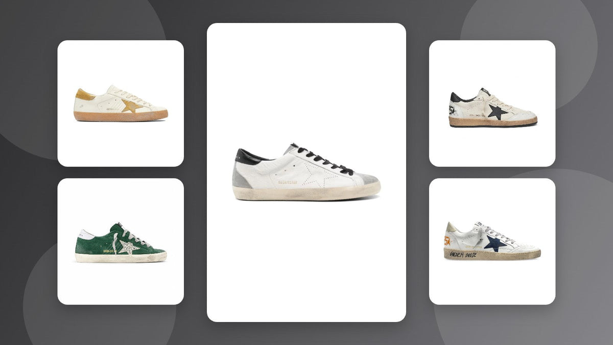 Golden Goose Super-Star and Ball Star low-top sneakers in white, green and navy on a grey background