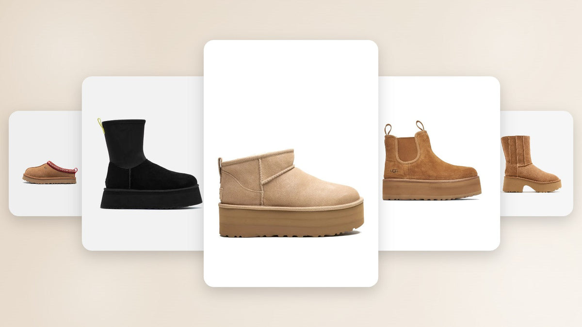 Five UGG women's platform styles: Classic Ultra Mini Platform, Classic Dipper in black, Neumel Platform Chelsea, Tazz Platform slipper and Classic Twin Seam New Heights