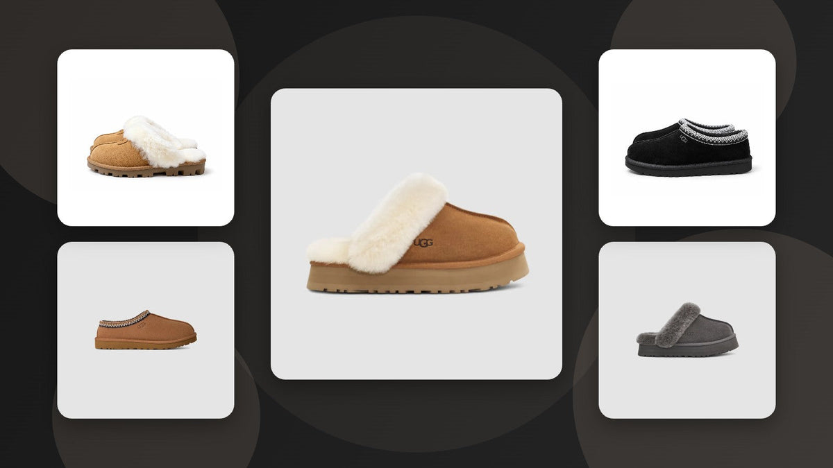 UGG Disquette, Coquette and Tasman slippers in brown, chestnut, black and grey on a dark background