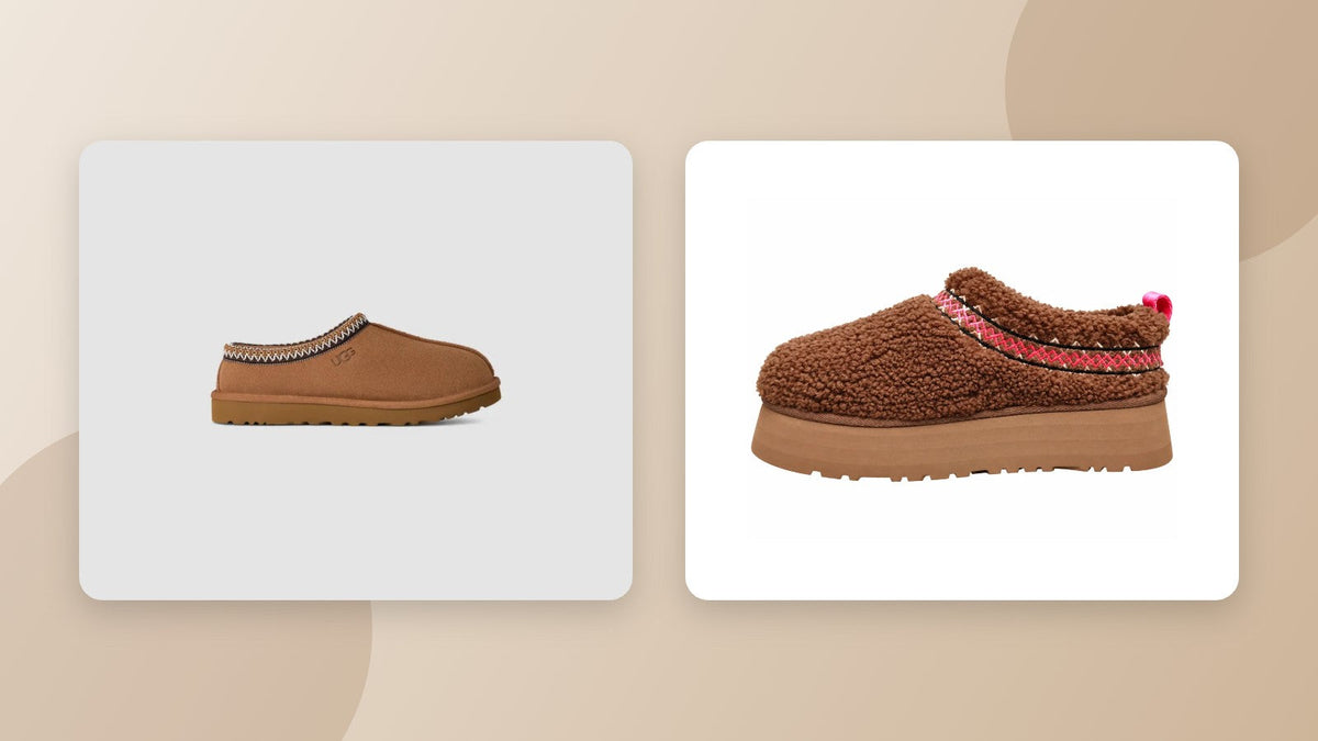 UGG Tasman slipper next to a UGG Tazz platform slipper in chestnut