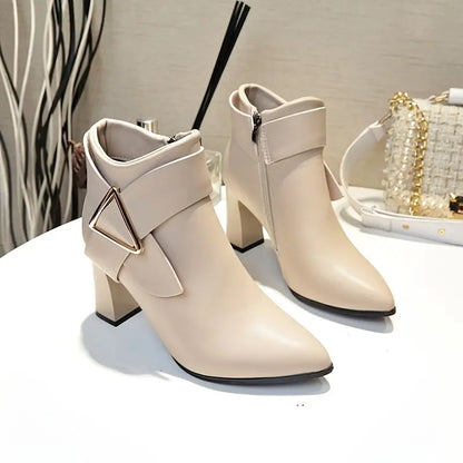 Women’s Geometric Triangle Buckle High-Heel Ankle Boots