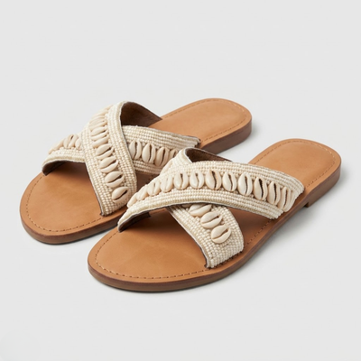 Women Summer Slipper Natural Cross Strap Flat Slip-On Indoor Shoes