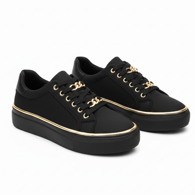 Women’s White Sneakers with Gold Accents - Lace-Up Casual Trainers