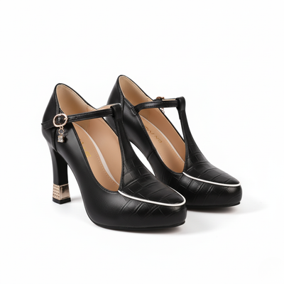 Women’s Block Heel Sandals - Square Toe T-Strap Croc Embossed Heels