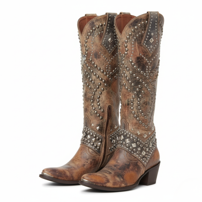 Women’s Western Cowboy Knee High Boots - Studded Pointed Toe Zip Boots