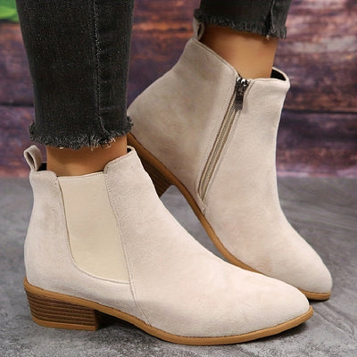 Women’s Suede Chelsea Ankle Boots - Side Zip and Low Stacked Heel