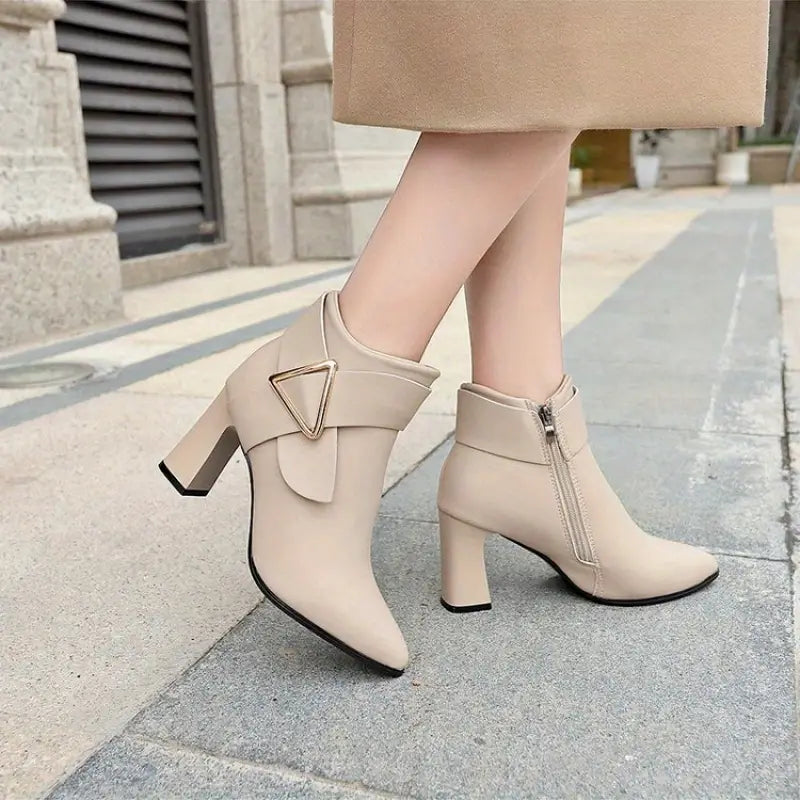 Women’s Geometric Triangle Buckle High-Heel Ankle Boots