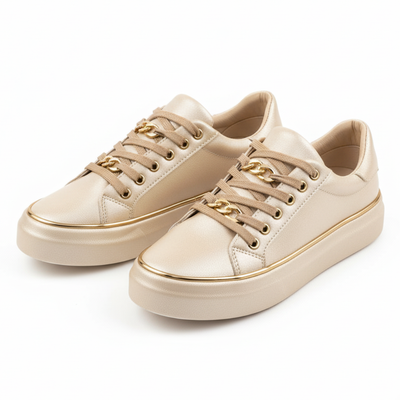 Women’s White Sneakers with Gold Accents - Lace-Up Casual Trainers