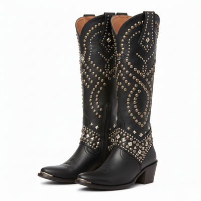 Women’s Western Cowboy Knee High Boots - Studded Pointed Toe Zip Boots