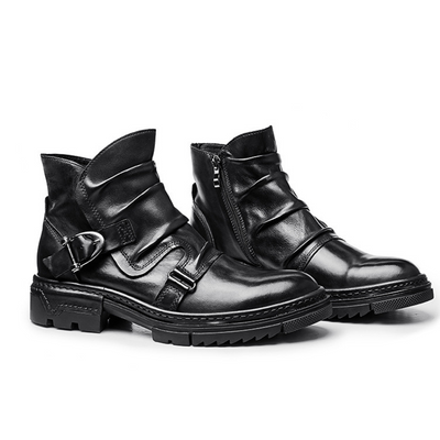 Men’s Biker Motorcycle Boots - Buckle Strap Ankle Boots with Metal Detail