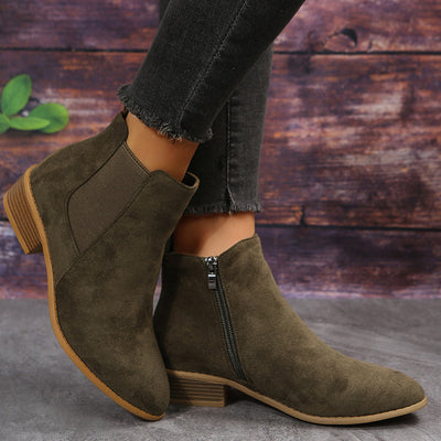Women’s Suede Chelsea Ankle Boots - Side Zip and Low Stacked Heel