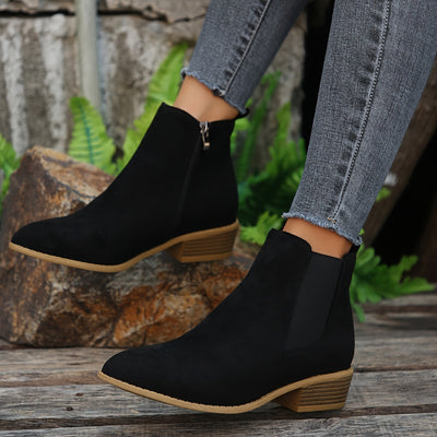 Women’s Suede Chelsea Ankle Boots - Side Zip and Low Stacked Heel