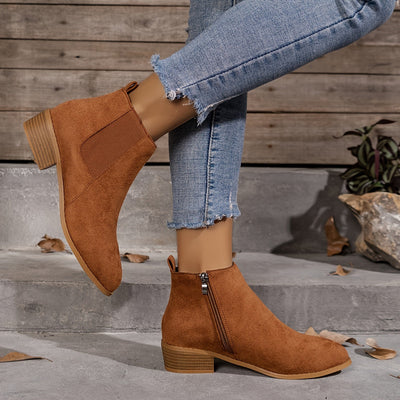Women’s Suede Chelsea Ankle Boots - Side Zip and Low Stacked Heel