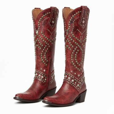 Women’s Western Cowboy Knee High Boots - Studded Pointed Toe Zip Boots