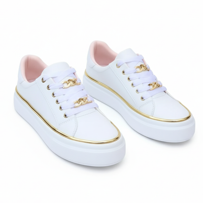 Women’s White Sneakers with Gold Accents - Lace-Up Casual Trainers