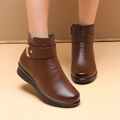 Women’s Wedge Ankle Boots - Side Zip and Buckle Strap Detail