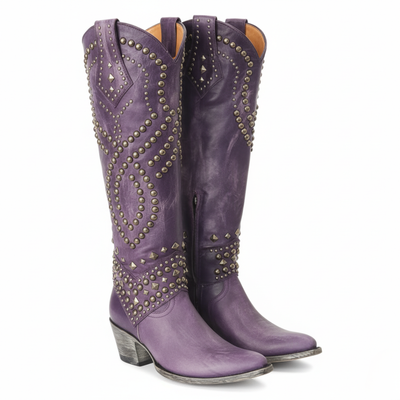 Women’s Western Cowboy Knee High Boots - Studded Pointed Toe Zip Boots