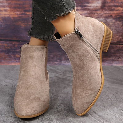 Women’s Suede Chelsea Ankle Boots - Side Zip and Low Stacked Heel