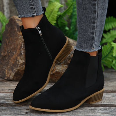 Women’s Suede Chelsea Ankle Boots - Side Zip and Low Stacked Heel