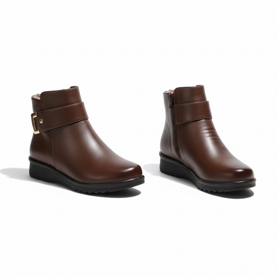 Women’s Wedge Ankle Boots - Side Zip and Buckle Strap Detail