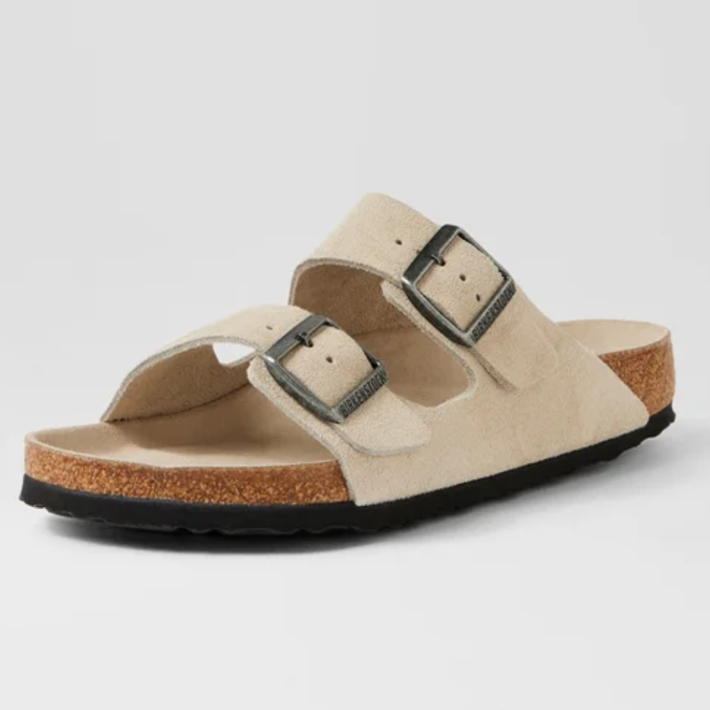 Birkenstock Arizona Soft Footbed Unisex Oyster Nubuck Two-Strap Sandals