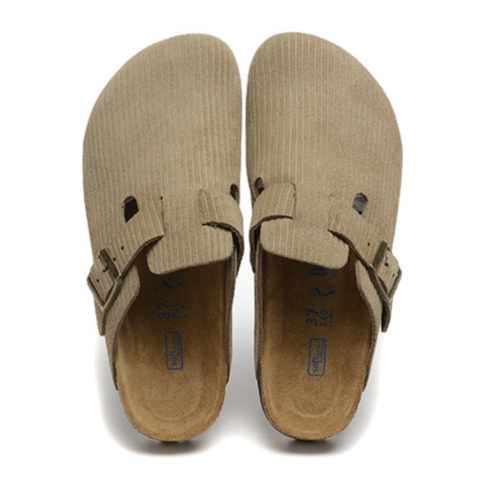 Birkenstock Boston Cork Brown Embossed Corduroy Suede Clogs