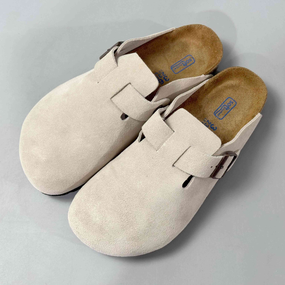 Birkenstock Boston Women’s Beige Suede Soft Footbed Clogs