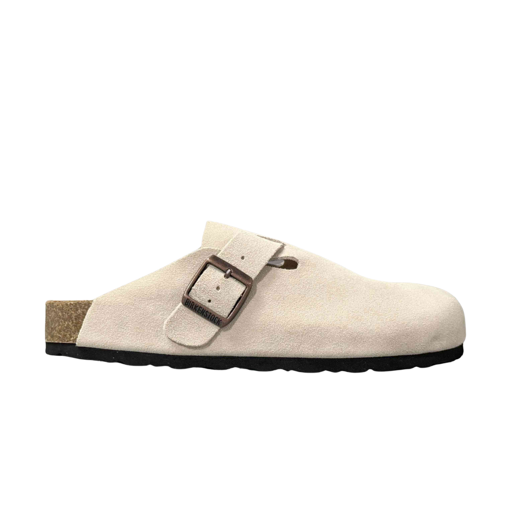 Birkenstock Boston Women’s Beige Suede Soft Footbed Clogs