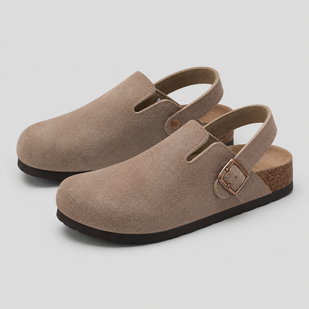 Crestar Women's Suede Clogs with Adjustable Strap and Cork Footbed