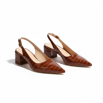 Women’s Croc Effect Slingback Shoes - Pointed Toe and Block Heel