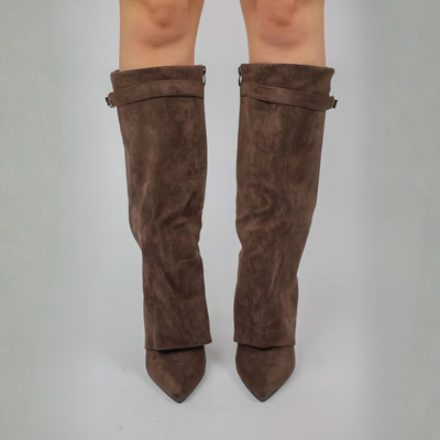 Women's Slouchy Fold Over Knee High Boots – Faux Suede High Heel Buckle Boots