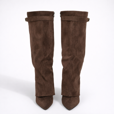 Women's Slouchy Fold Over Knee High Boots – Faux Suede High Heel Buckle Boots