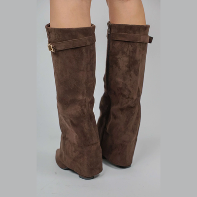 Women's Slouchy Fold Over Knee High Boots – Faux Suede High Heel Buckle Boots