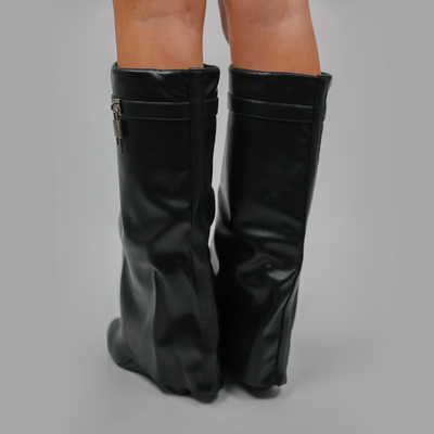 Women's Fold Over Knee High Wedge Boots – Padlock Detail Slouchy Boots