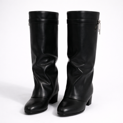 Women's Fold Over Knee High Wedge Boots – Padlock Detail Slouchy Boots