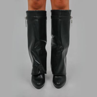 Women's Fold Over Knee High Wedge Boots – Padlock Detail Slouchy Boots