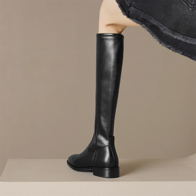 Women’s Knee High Leather Boots – Low Block Heel Pull-On Boots