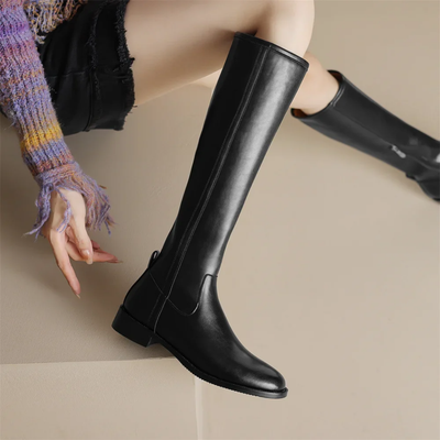Women’s Knee High Leather Boots – Low Block Heel Pull-On Boots