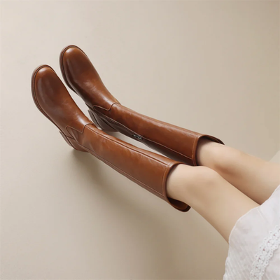 Women’s Knee High Leather Boots – Low Block Heel Pull-On Boots
