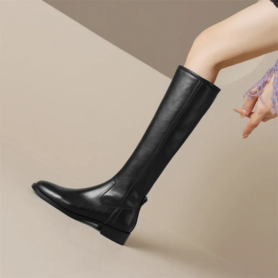 Women’s Knee High Leather Boots – Low Block Heel Pull-On Boots