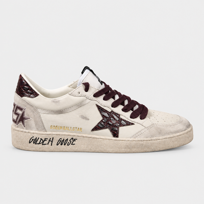 Golden Goose Men's Ball Star White Brown Croc-Effect Low Top Sneakers