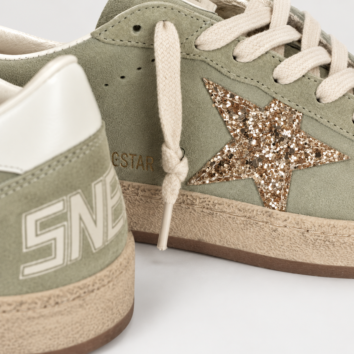 Golden Goose Women's Ball Star Green Gold Glitter Star Low Top Sneakers