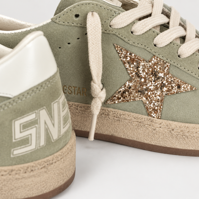Golden Goose Women's Ball Star Green Gold Glitter Star Low Top Sneakers