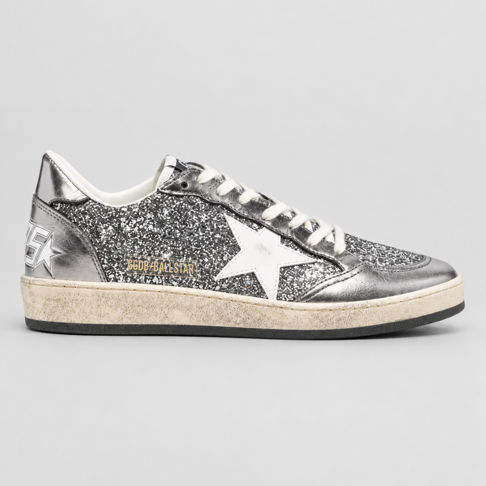 Golden Goose Women's Ball Star Silver Glitter White Star Low Top Sneakers