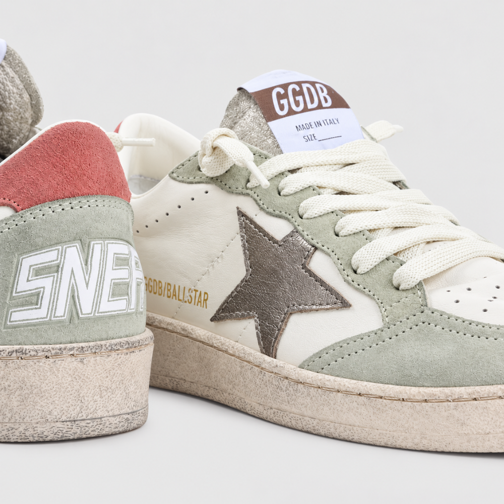 Golden Goose Women's Ball Star White Green Silver Star Low Top Sneakers