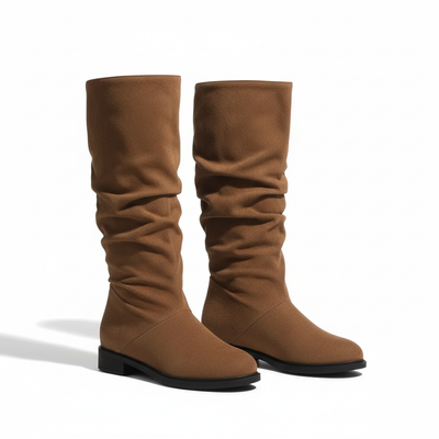 Women’s Knee High Boots - Low Block Heel and Fold Detail Shaft